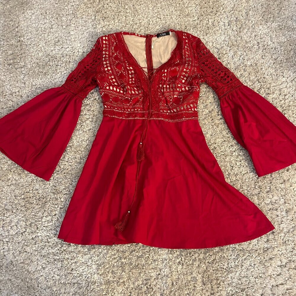 CBR Red Lace Bell Sleeve Boho Mini Dress XL NWOT